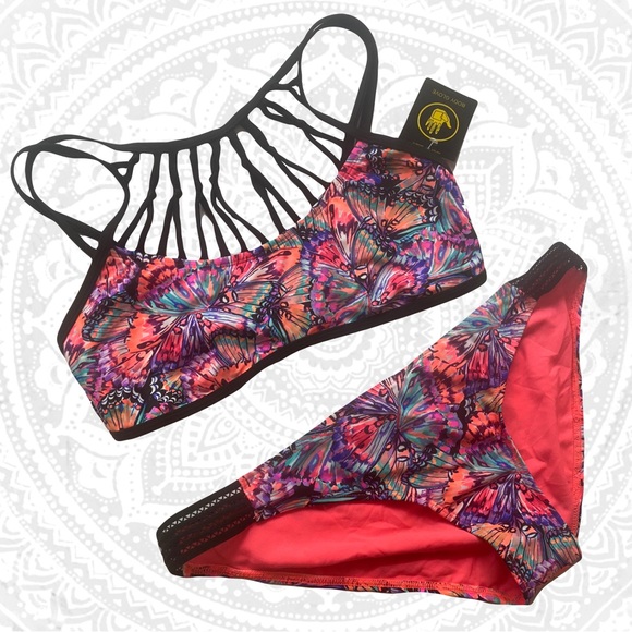 2 pcs NWT Body Glove Fly Ivy Strappy Top + Lace Hipster Bottom Butterfly Print - Picture 2 of 16